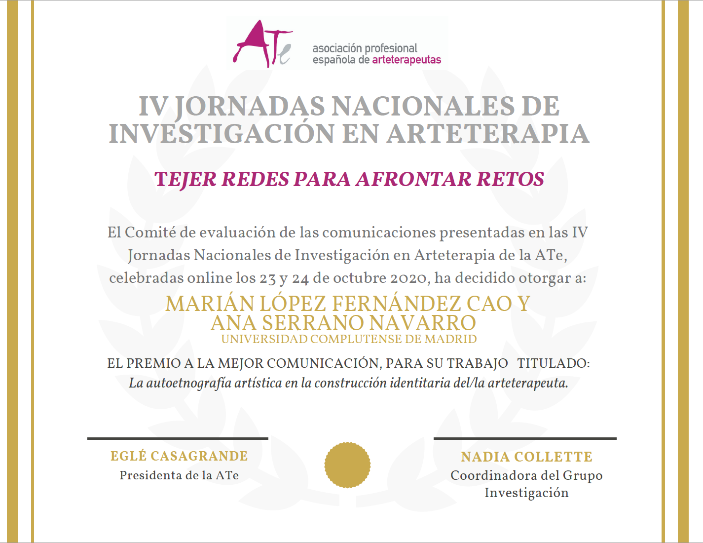 Premio de investigación para dos miembros de EARTDI: Ana Serrano y Marián López fdz. Cao